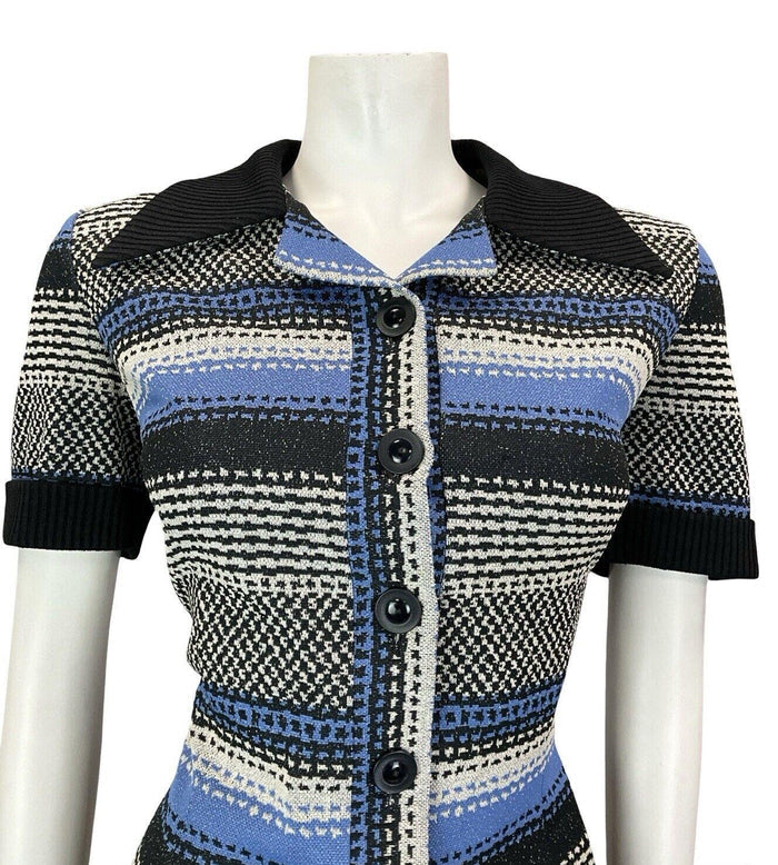 VTG 60S 70S BLACXK WHITE BLUE PSYCHEDELIC GEOMETRIC STRIPE DAGGER SHIRT DRESS 14