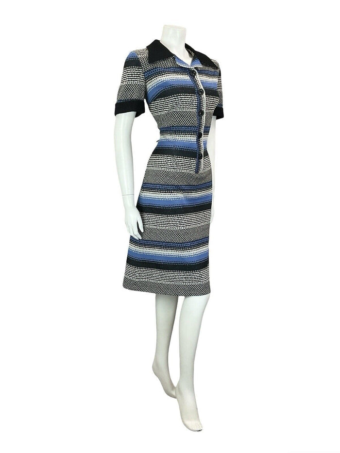 VTG 60S 70S BLACXK WHITE BLUE PSYCHEDELIC GEOMETRIC STRIPE DAGGER SHIRT DRESS 14