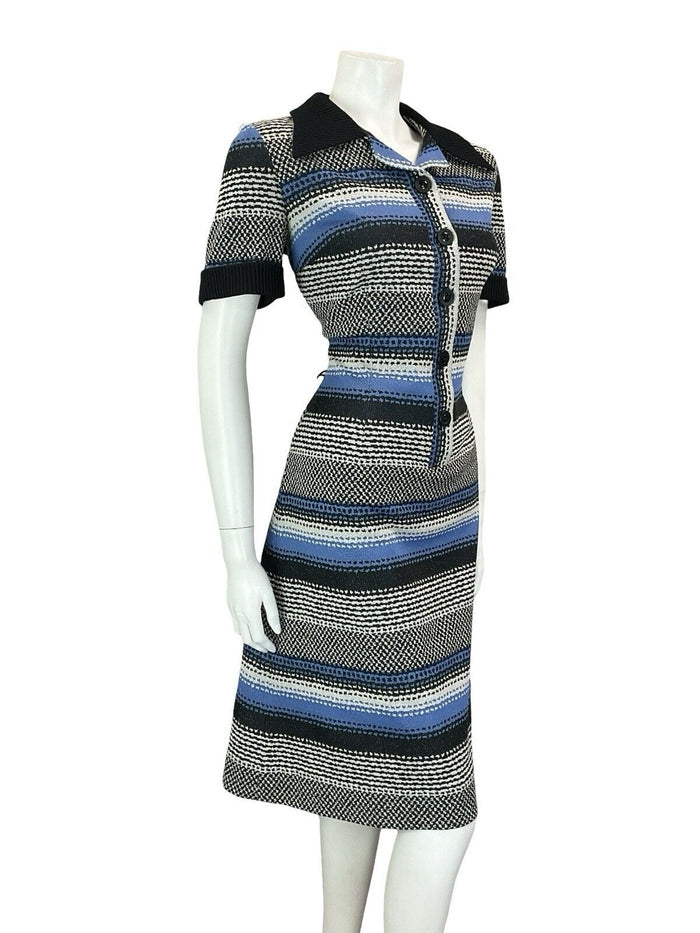 VTG 60S 70S BLACXK WHITE BLUE PSYCHEDELIC GEOMETRIC STRIPE DAGGER SHIRT DRESS 14