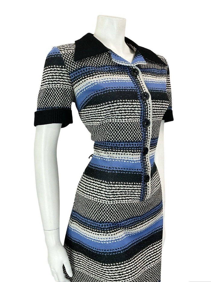 VTG 60S 70S BLACXK WHITE BLUE PSYCHEDELIC GEOMETRIC STRIPE DAGGER SHIRT DRESS 14