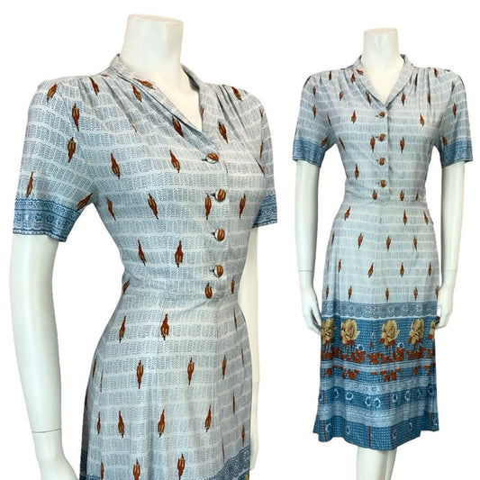 VTG 60S 70S BLUE BEIGE BROWN FLORAL ROSE DOTTY STRIPE SHIRT TEA DRESS 8