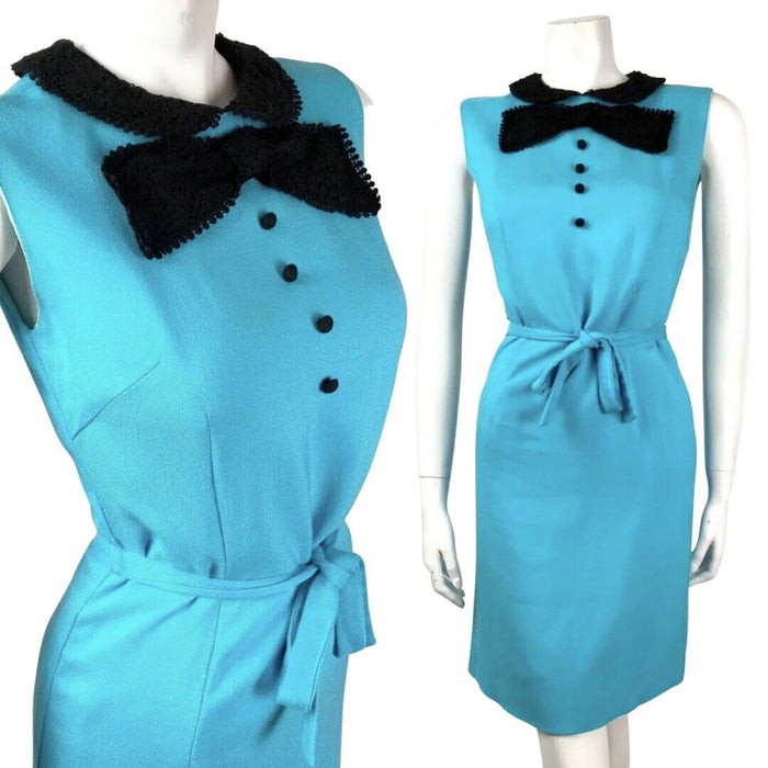 VTG 60s 70s BLUE BLACK LACE PETER PAN COLLAR BOW BELTED MOD SLEEVELESS DRESS 6 8