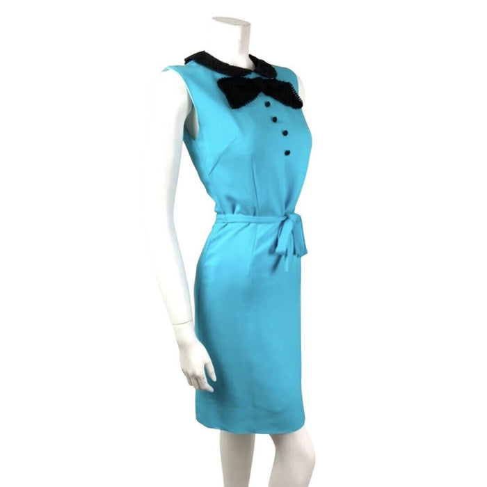 VTG 60s 70s BLUE BLACK LACE PETER PAN COLLAR BOW BELTED MOD SLEEVELESS DRESS 6 8