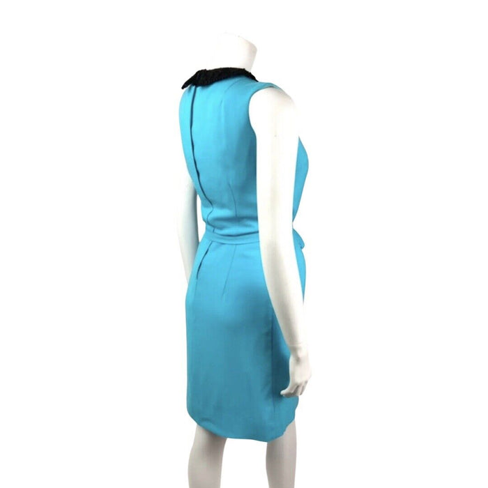 VTG 60s 70s BLUE BLACK LACE PETER PAN COLLAR BOW BELTED MOD SLEEVELESS DRESS 6 8