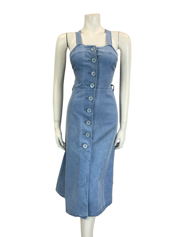 VTG 60S 70S BLUE DENIM BUTTON DOWN STRAPPY CROSS BACK MIDI SUN DRESS 4