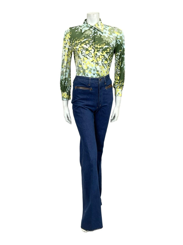 VTG 60S 70S BLUE GREEN CHARTREUSE GREY MOD DAGGER COLLAR LEAFY FLORAL SHIRT 8