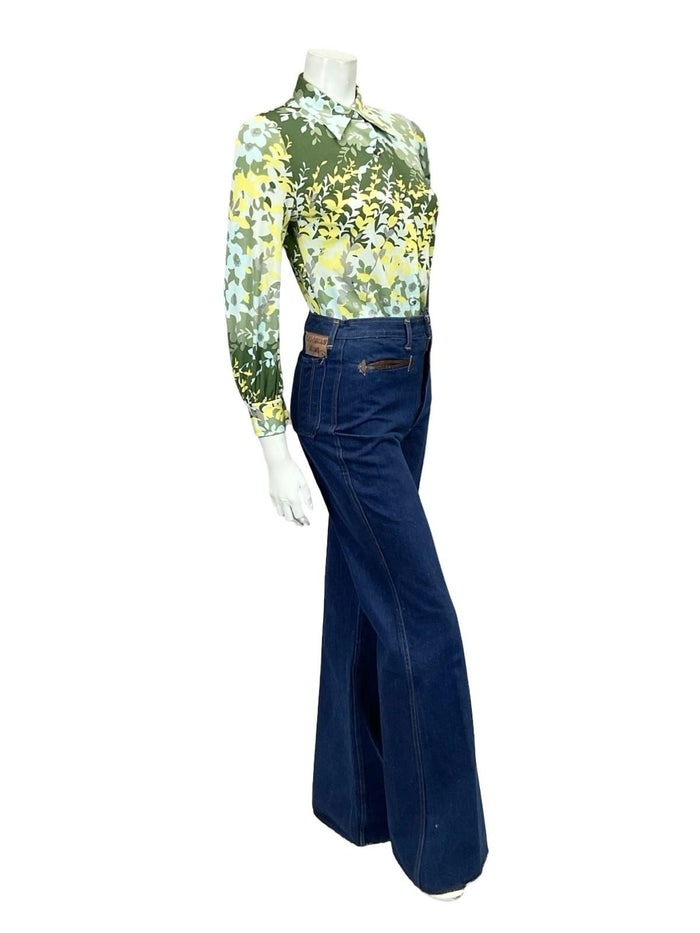 VTG 60S 70S BLUE GREEN CHARTREUSE GREY MOD DAGGER COLLAR LEAFY FLORAL SHIRT 8