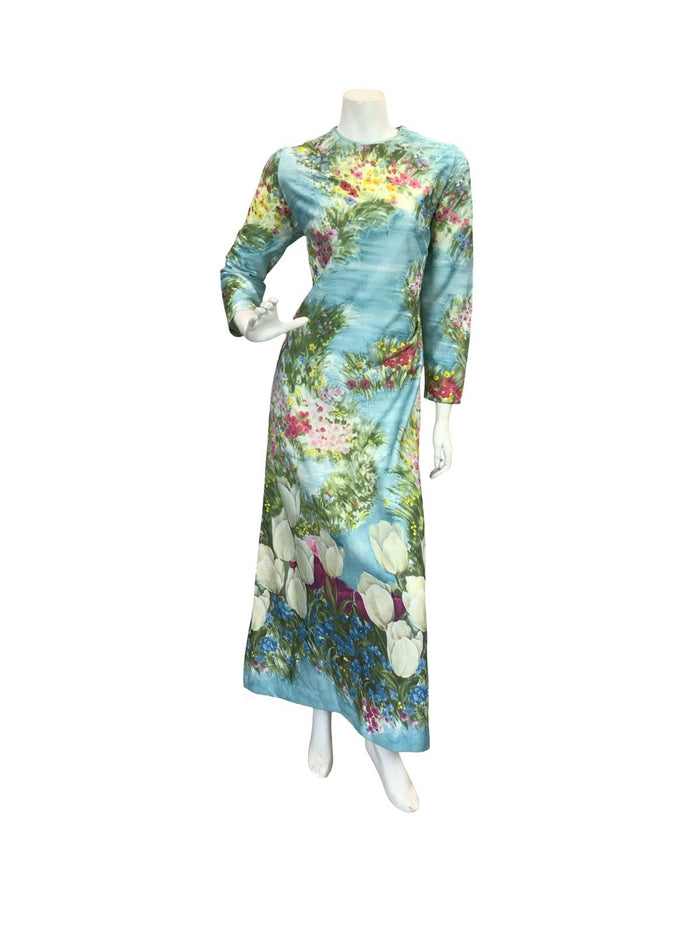 VTG 60S 70S BLUE GREEN PINK YELLOW WATER FLORAL GARDEN TULIP MAXI DRESS 14