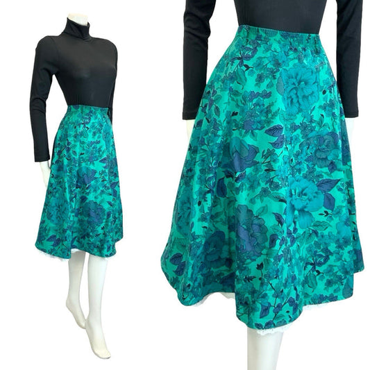VTG 60S 70S BLUE GREEN WHITE FLORAL LACE ELASTICATED WAIST CIRCLE SKIRT 12