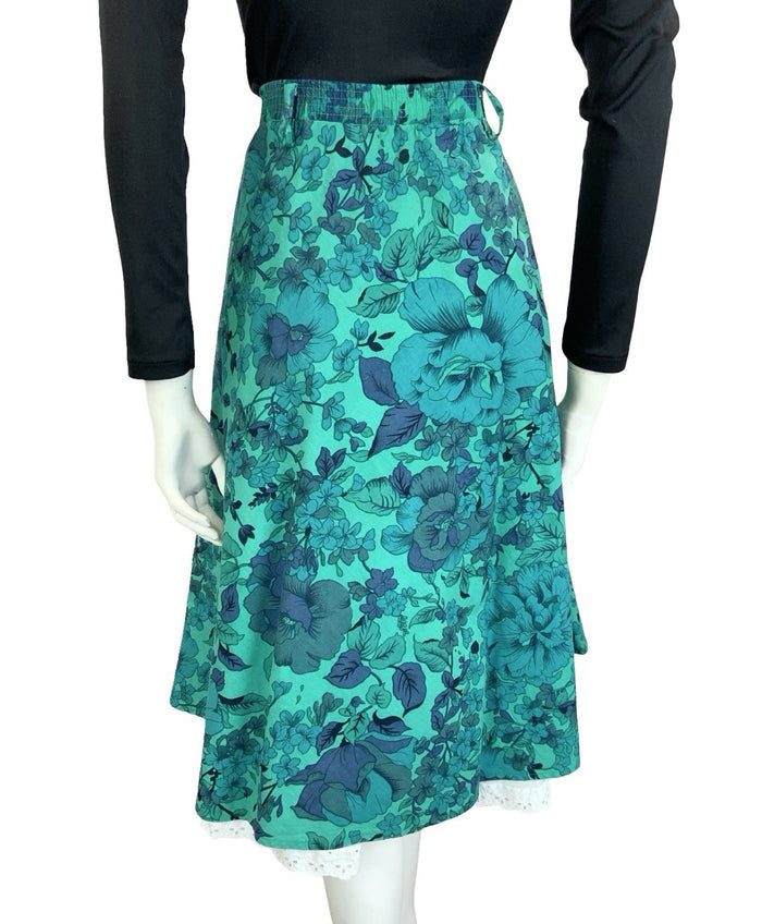 VTG 60S 70S BLUE GREEN WHITE FLORAL LACE ELASTICATED WAIST CIRCLE SKIRT 12