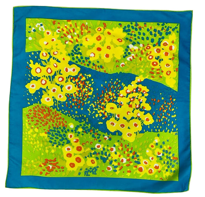 VTG 60S 70S BLUE GREEN YELLOW ORANGE FLORAL ABSTRACT FLOWER MEADOW SCARF