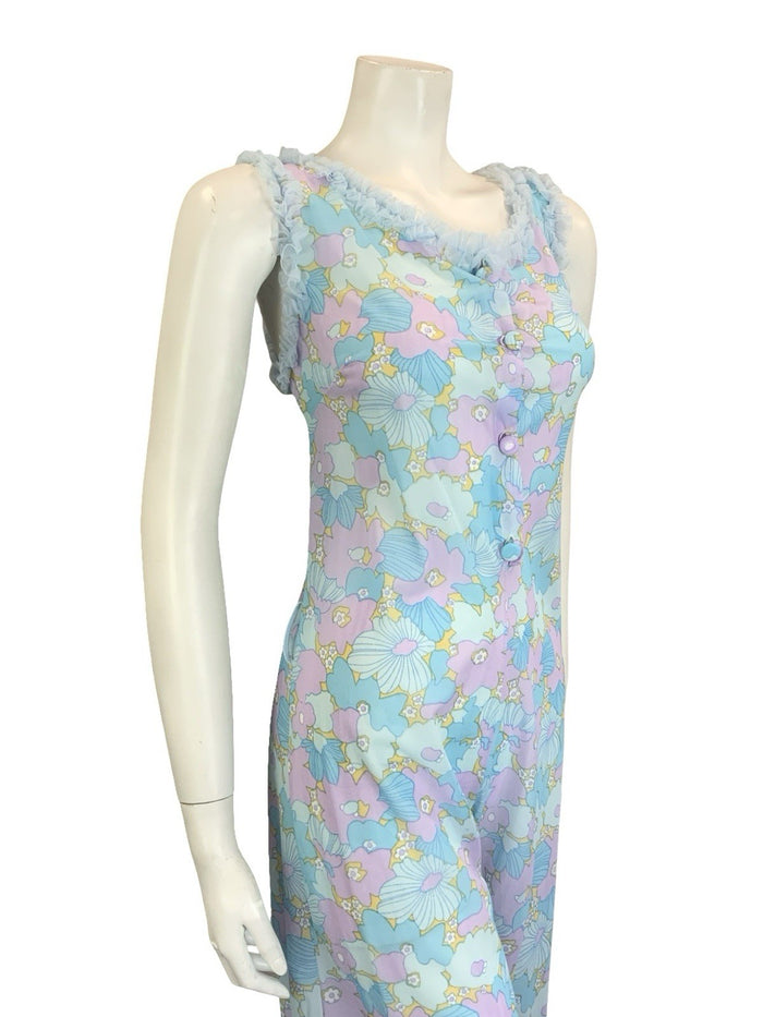 VTG 60S 70S BLUE LILAC PURPLE FLORAL RUFFLE NIGHT WEAR  NIGHTGOWN JUMPSUIT 8