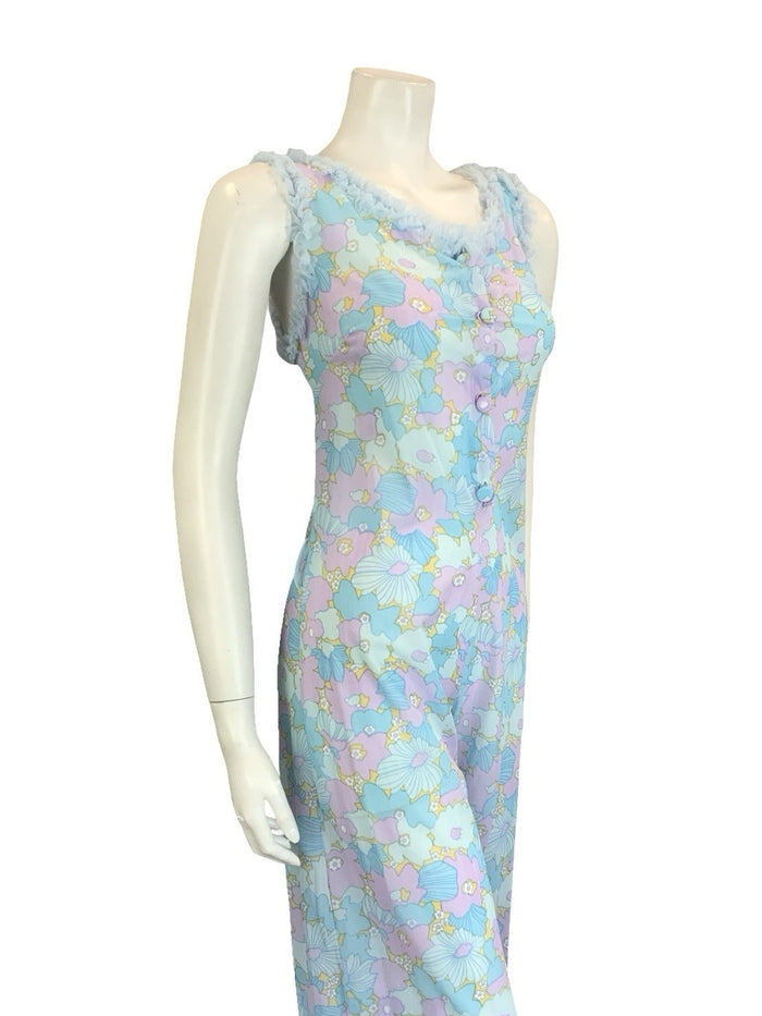 VTG 60S 70S BLUE LILAC PURPLE FLORAL RUFFLE NIGHT WEAR  NIGHTGOWN JUMPSUIT 8
