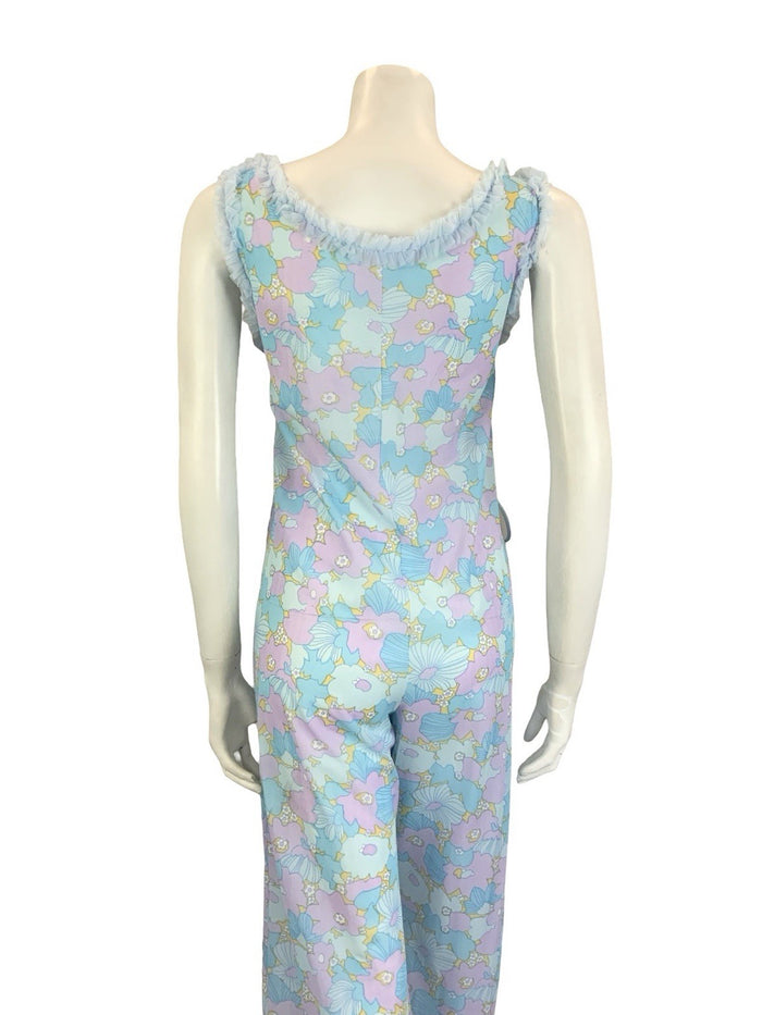 VTG 60S 70S BLUE LILAC PURPLE FLORAL RUFFLE NIGHT WEAR  NIGHTGOWN JUMPSUIT 8