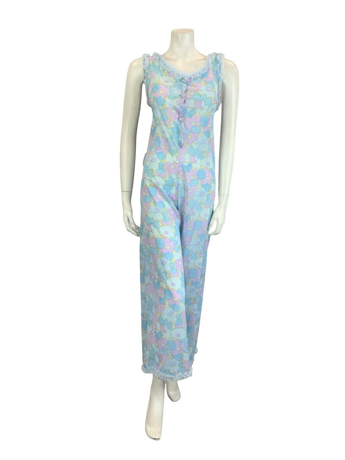 VTG 60S 70S BLUE LILAC PURPLE FLORAL RUFFLE NIGHT WEAR  NIGHTGOWN JUMPSUIT 8