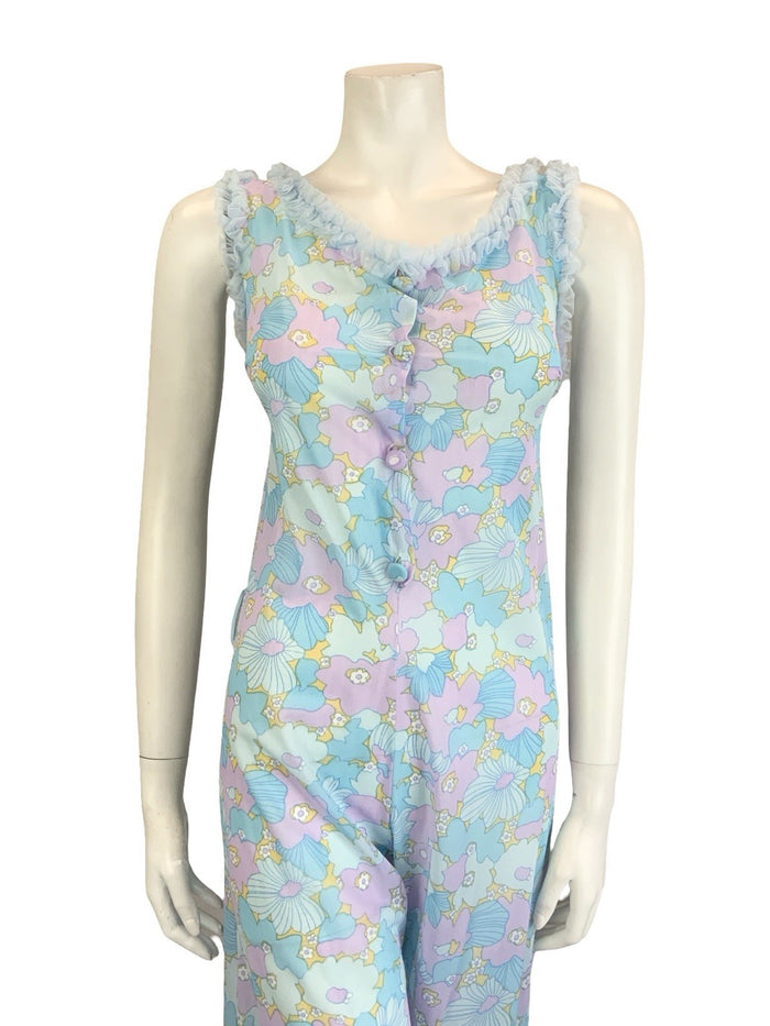 VTG 60S 70S BLUE LILAC PURPLE FLORAL RUFFLE NIGHT WEAR  NIGHTGOWN JUMPSUIT 8