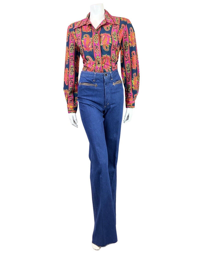 VTG 60s 70s BLUE NEON PINK GREEN PSYCHEDELIC FLORAL PAISLEY DAGGER SHIRT 14 16