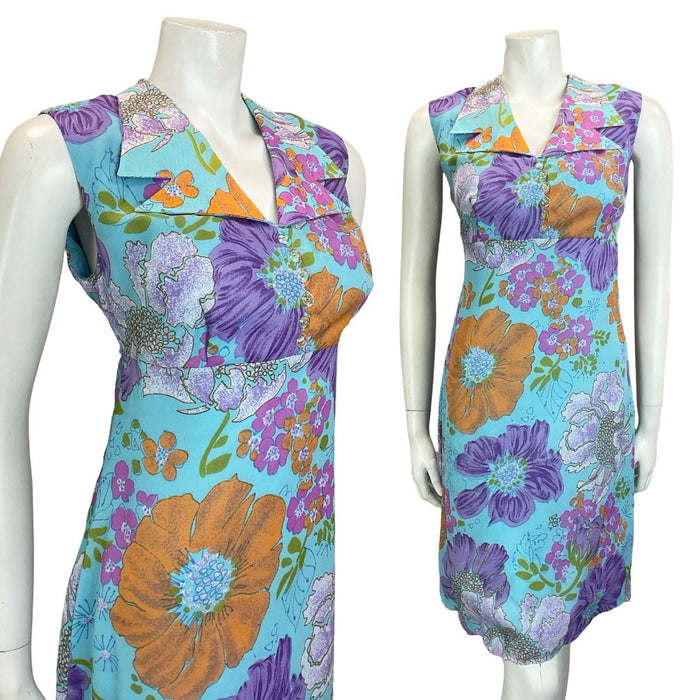 VTG 60S 70S BLUE ORANGE PURPLE PINK FLORAL EMPIRE DAGGER NOTCH SHIRT DRESS 10