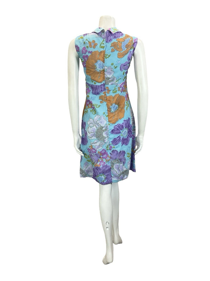 VTG 60S 70S BLUE ORANGE PURPLE PINK FLORAL EMPIRE DAGGER NOTCH SHIRT DRESS 10