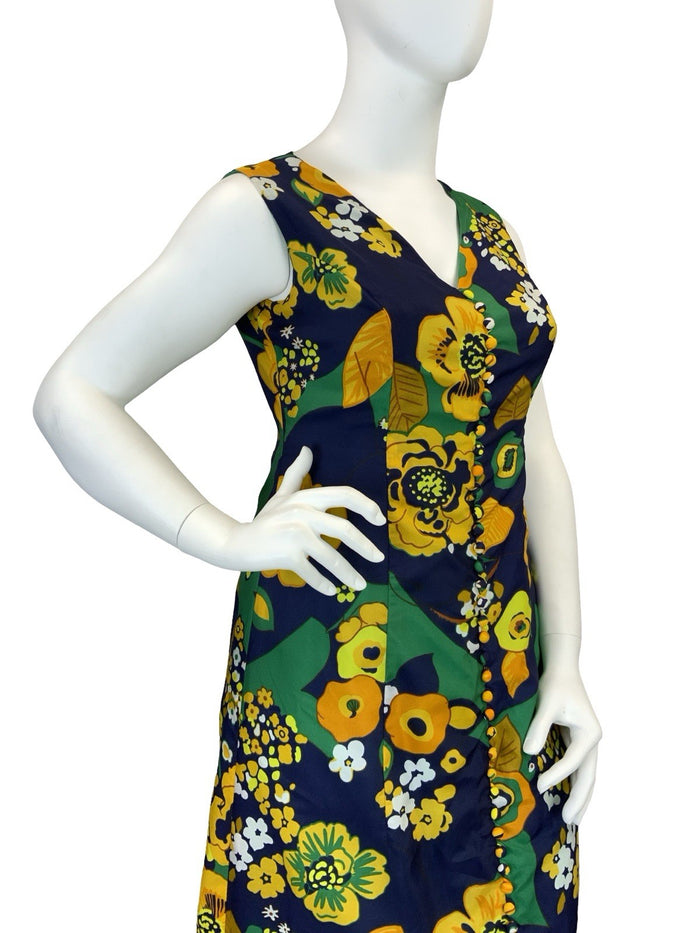 VTG 60S 70S BLUE ORANGE YELLOW GREEN PSYCHEDELIC FLORAL V NECK MAXI DRESS 16
