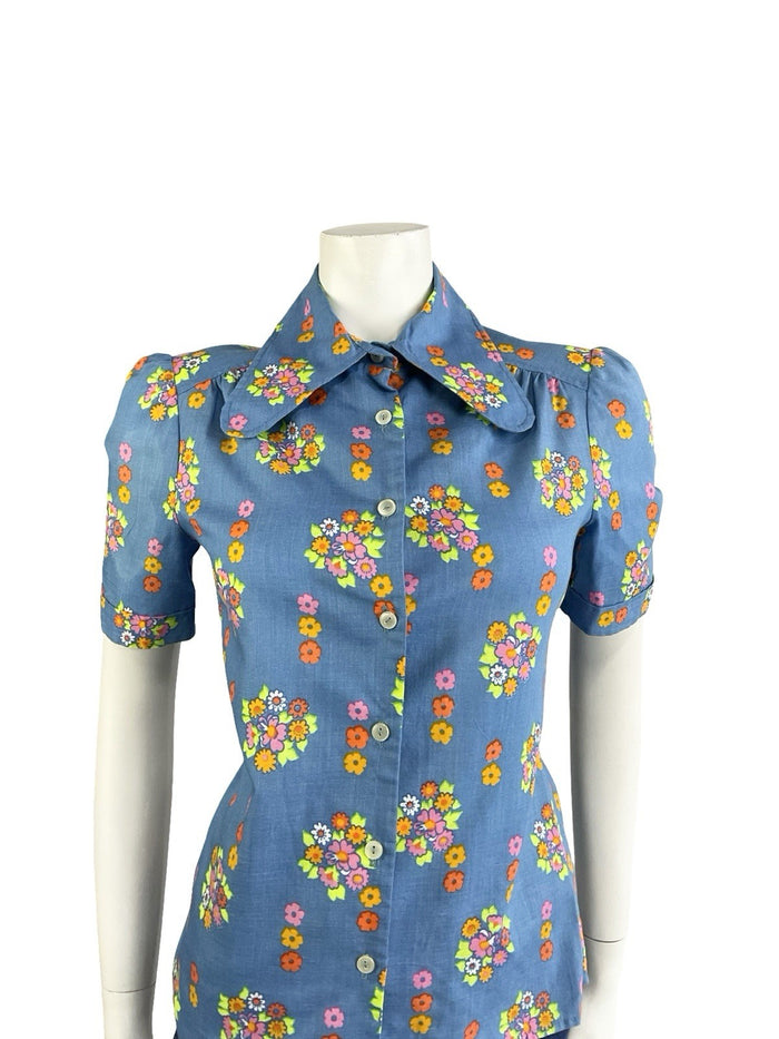 VTG 60S 70S BLUE PINK GREEN ORANGE PSYCHEDELIC FLORAL DOG EAR COLLAR MOD SHIRT 8