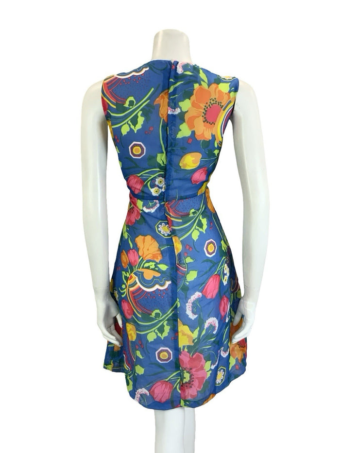 VTG 60S 70S BLUE PINK GREEN YELLOW ORANGE PSYCHEDELIC FLORAL EMPIRE DRESS 10