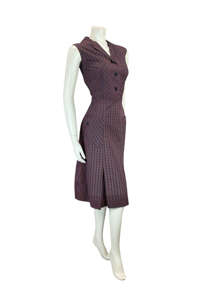VTG 60S 70S BLUE RED BLACK GINGHAM NOTCH LAPEL MIDI SHIRT DRESS W/ POCKETS 12
