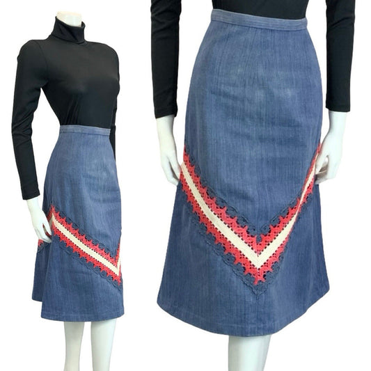 VTG 60S 70S BLUE RED WHITE DENIM CROCHETED A LINE BOHO HIPPY MIDI SKIRT 4