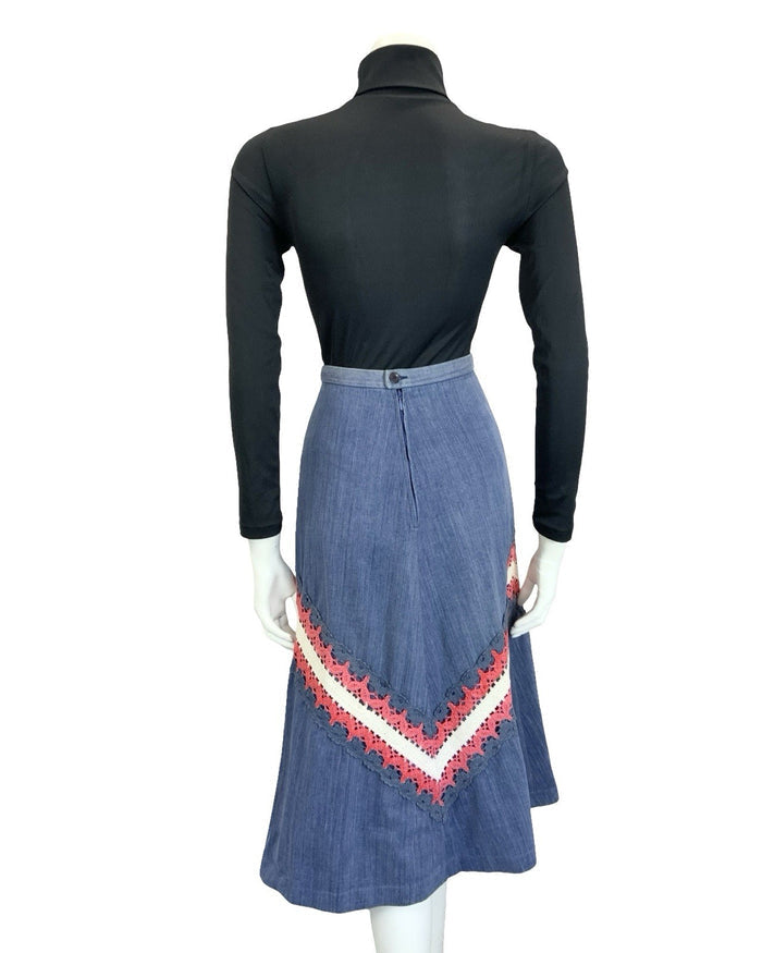 VTG 60S 70S BLUE RED WHITE DENIM CROCHETED A LINE BOHO HIPPY MIDI SKIRT 4