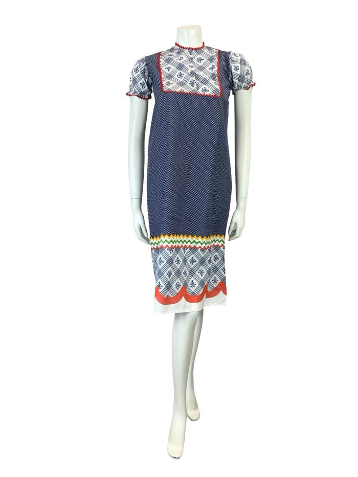 VTG 60S 70S BLUE RED WHITE RIC RAC COTTAGE EMPIRE BIB PUFF SLEEVE SMOCK DRESS 6
