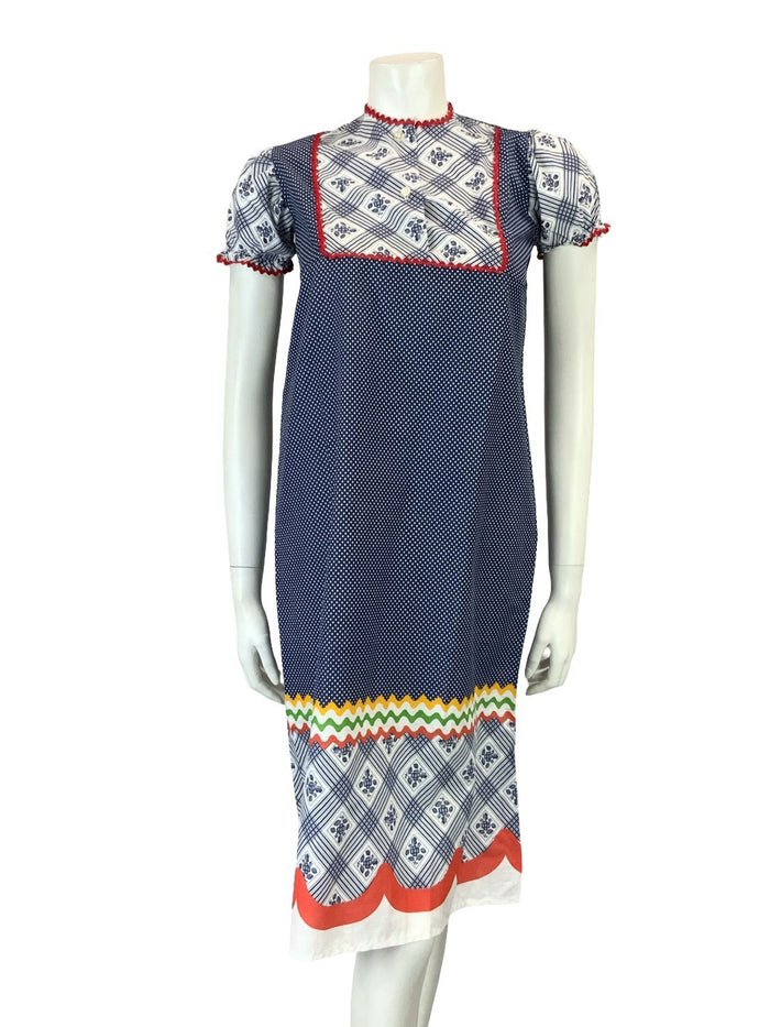 VTG 60S 70S BLUE RED WHITE RIC RAC COTTAGE EMPIRE BIB PUFF SLEEVE SMOCK DRESS 6