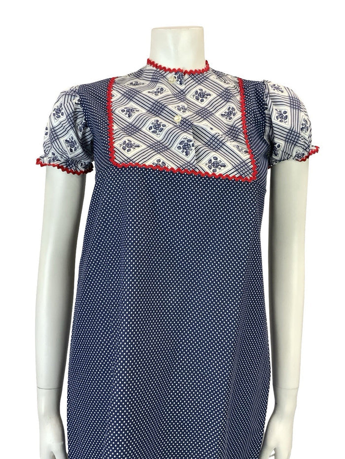 VTG 60S 70S BLUE RED WHITE RIC RAC COTTAGE EMPIRE BIB PUFF SLEEVE SMOCK DRESS 6
