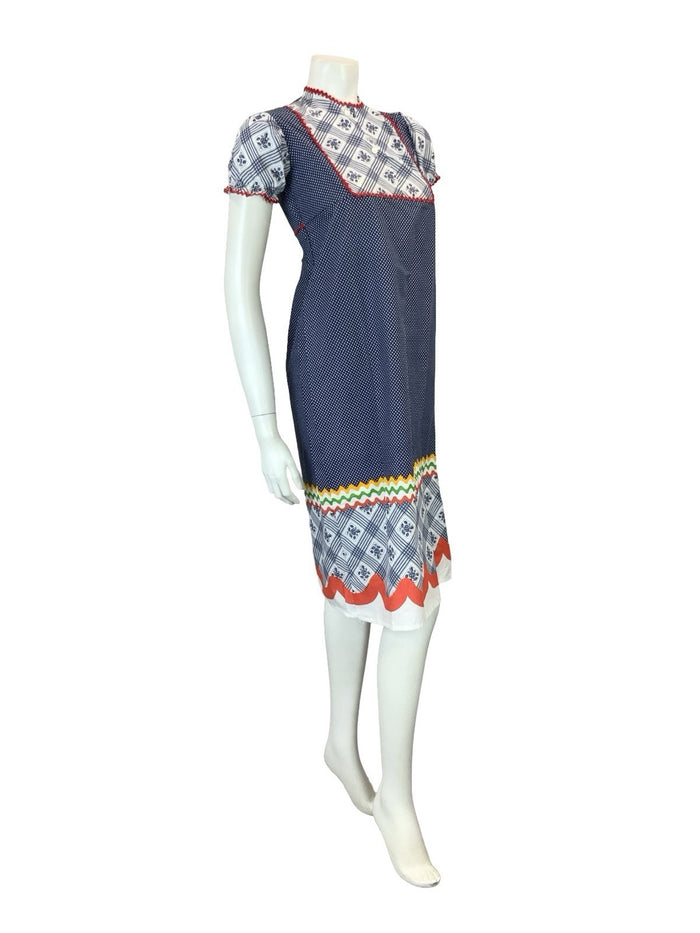 VTG 60S 70S BLUE RED WHITE RIC RAC COTTAGE EMPIRE BIB PUFF SLEEVE SMOCK DRESS 6