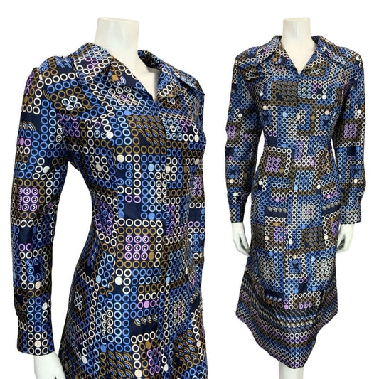 VTG 60S 70S BLUE WHITE BROWN PURPLE GEOMETRIC OPEN COLLAR DOT SHIRT DRESS 14