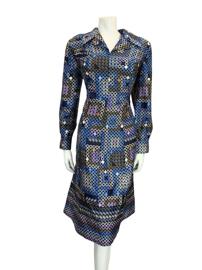 VTG 60S 70S BLUE WHITE BROWN PURPLE GEOMETRIC OPEN COLLAR DOT SHIRT DRESS 14
