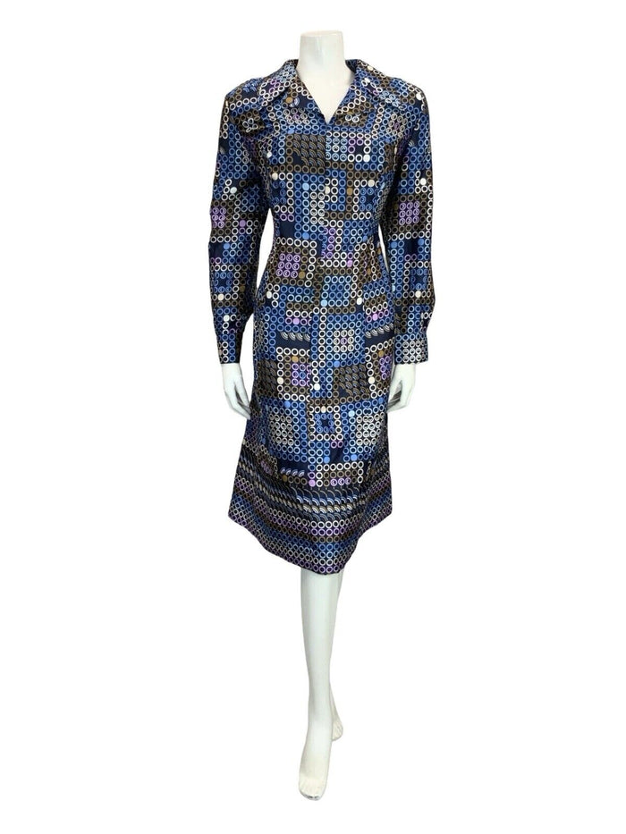 VTG 60S 70S BLUE WHITE BROWN PURPLE GEOMETRIC OPEN COLLAR DOT SHIRT DRESS 14