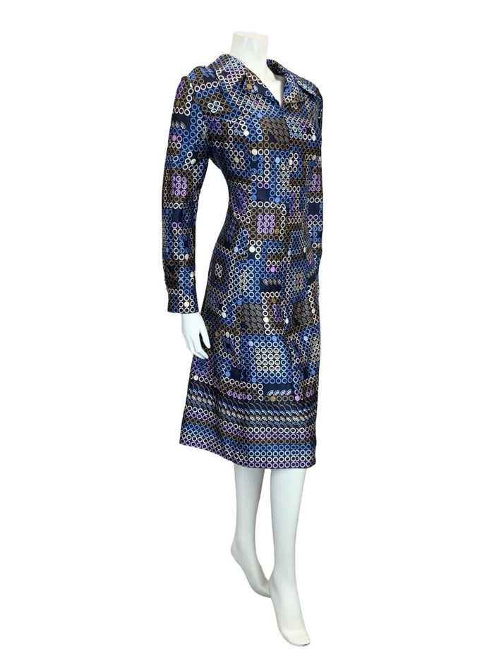 VTG 60S 70S BLUE WHITE BROWN PURPLE GEOMETRIC OPEN COLLAR DOT SHIRT DRESS 14