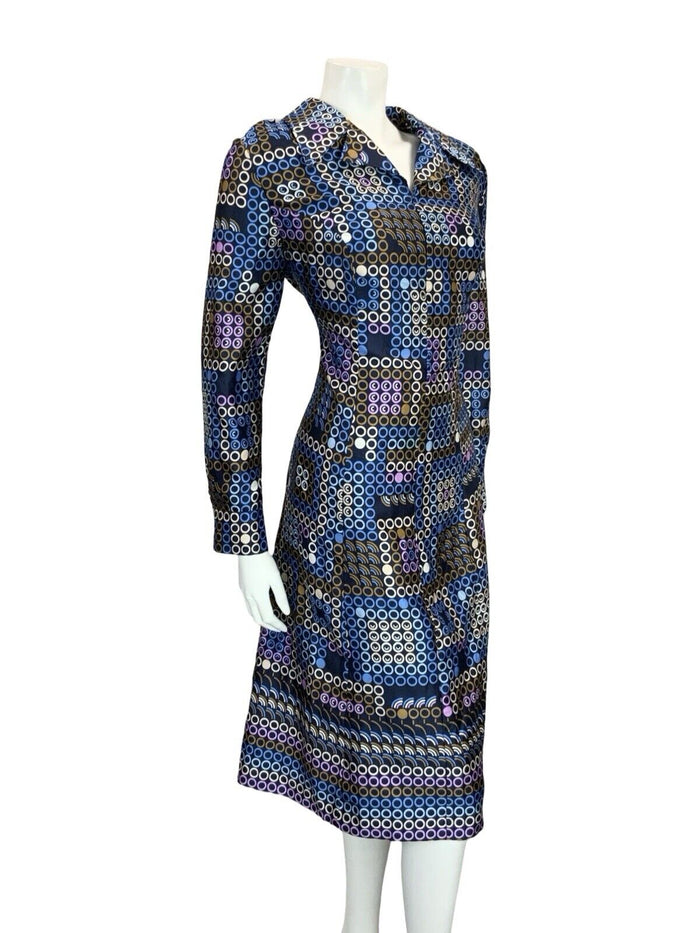 VTG 60S 70S BLUE WHITE BROWN PURPLE GEOMETRIC OPEN COLLAR DOT SHIRT DRESS 14