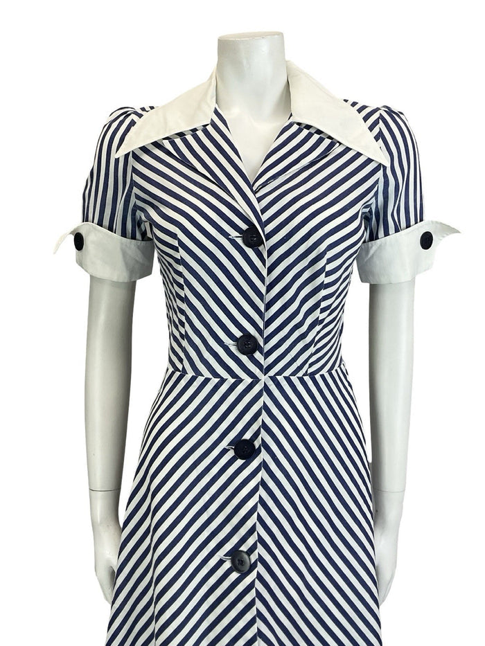 VTG 60S 70S BLUE WHITE NAUTICAL STRIPE CHEVRON WING COLLAR A. LINE DRESS 8