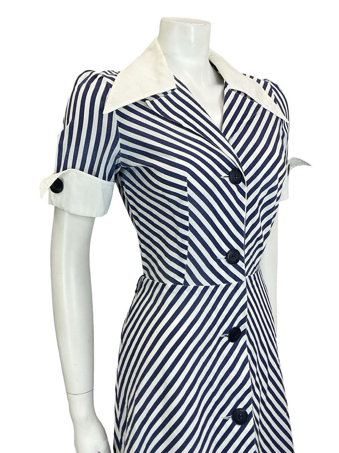VTG 60S 70S BLUE WHITE NAUTICAL STRIPE CHEVRON WING COLLAR A. LINE DRESS 8