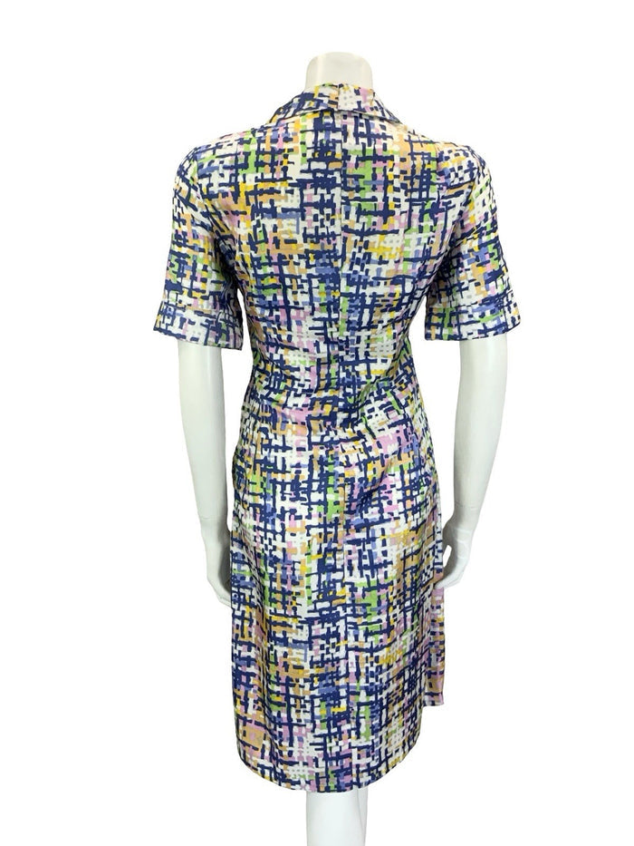VTG 60S 70S BLUE WHITE PINK YELLOW GREEN GEOMETRIC CROSS HATCH SHIRT DRESS 10