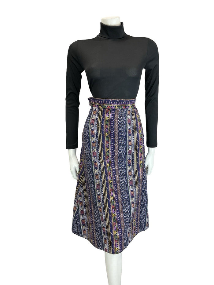 VTG 60S 70S BLUE WHITE YELLOW PURPLE FOLK STITCH STRIPE A LINE MIDI SKIRT XS 6
