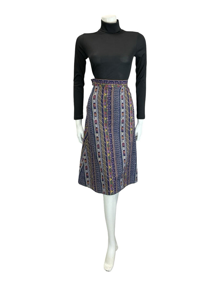 VTG 60S 70S BLUE WHITE YELLOW PURPLE FOLK STITCH STRIPE A LINE MIDI SKIRT XS 6