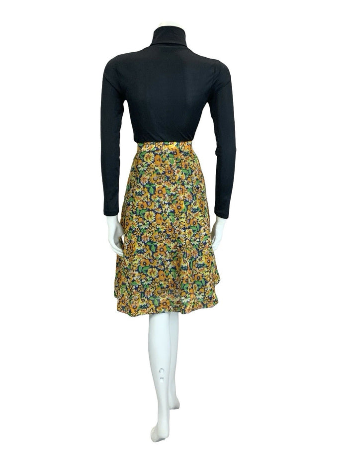 VTG 60S 70S BOHO ORANGE YELLOW NAVY BLUE FLORAL MESH FLOATY MINI SKIRT 18