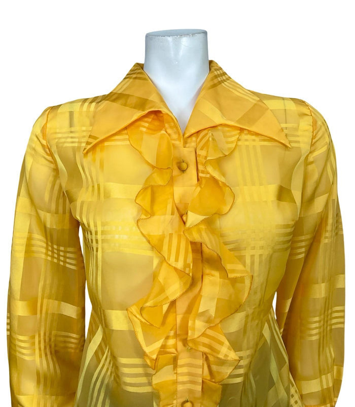VTG 60S 70S BRIGHT YELLOW DAGGER RUFFLE PLAID MESH ROMANTIC MOD SHIRT 14