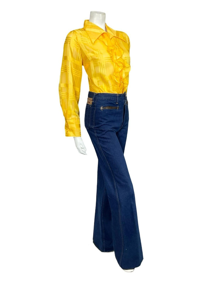 VTG 60S 70S BRIGHT YELLOW DAGGER RUFFLE PLAID MESH ROMANTIC MOD SHIRT 14