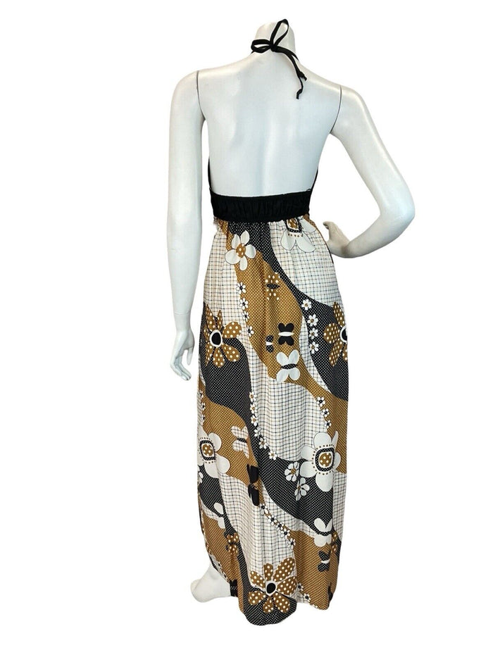 VTG 60S 70S BROWN BEIGE BLAC RETRO FLORAL PATTERN HALTERNECK MAXI DRESS 4 6