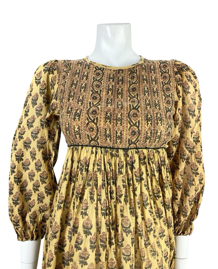 VTG 60S 70S BROWN BEIGE BOHO HIPPY INDIAN COTTON FLORAL SMOCK EMPIRE DRESS 4 6