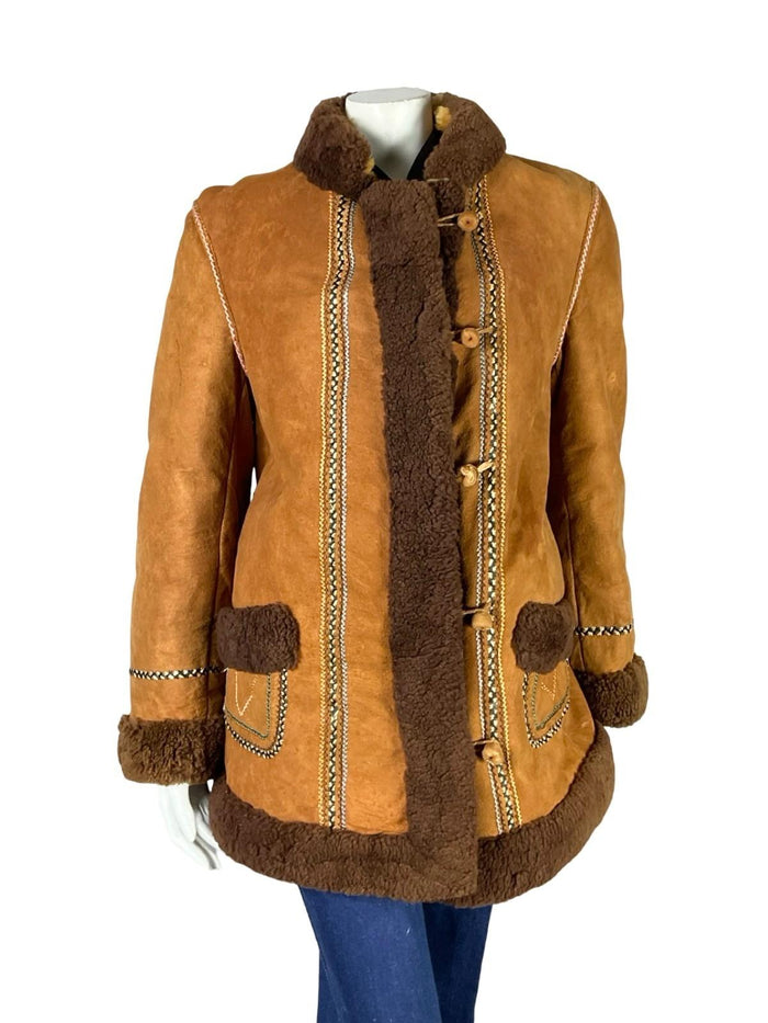 VTG 60S 70S BROWN BLUE BEIGE GREEN PINK EMBROIDERED SUEDE SHEARLING COAT 12 14