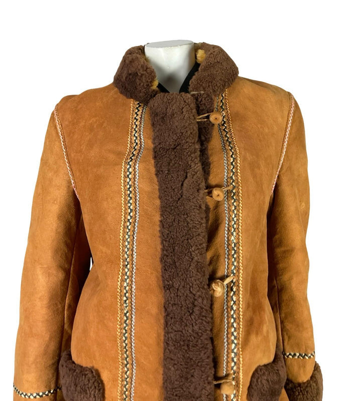 VTG 60S 70S BROWN BLUE BEIGE GREEN PINK EMBROIDERED SUEDE SHEARLING COAT 12 14